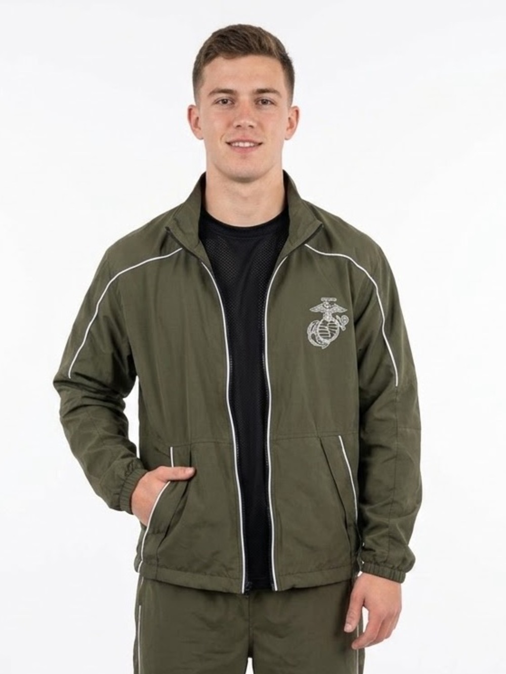 New Balance USMC Marine Corps PT Track Jacket Mens Medium Short Green M485000